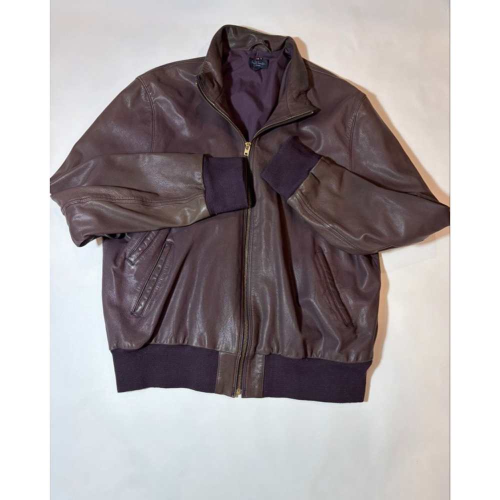 Paul Smith Jeans Leather Bomber Jacket Burgundy Plum Zip Ribbed XXL